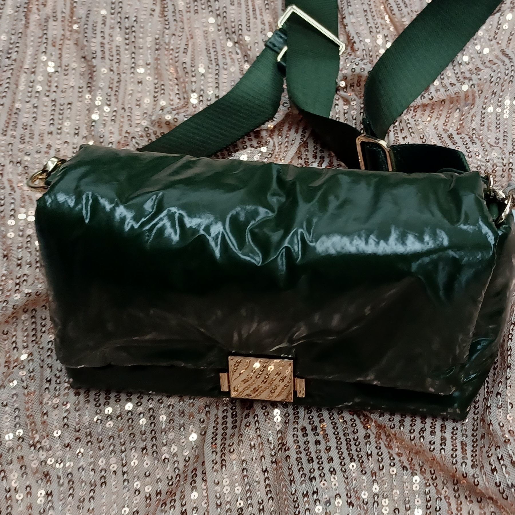 Dark Green Quilted Crossbody Bag With Gold Hardware